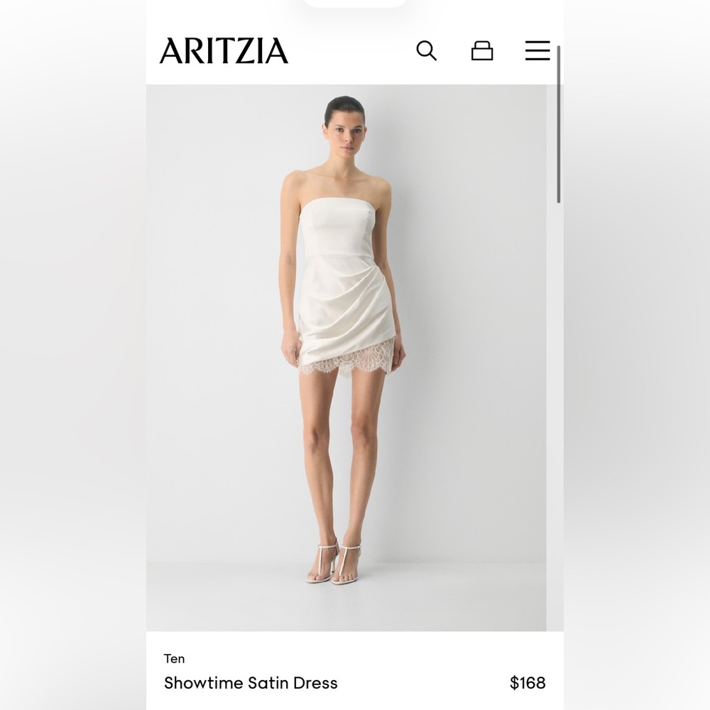 Aritzia Showtime Strapless Satin Mini Dress in White with Lace Hem